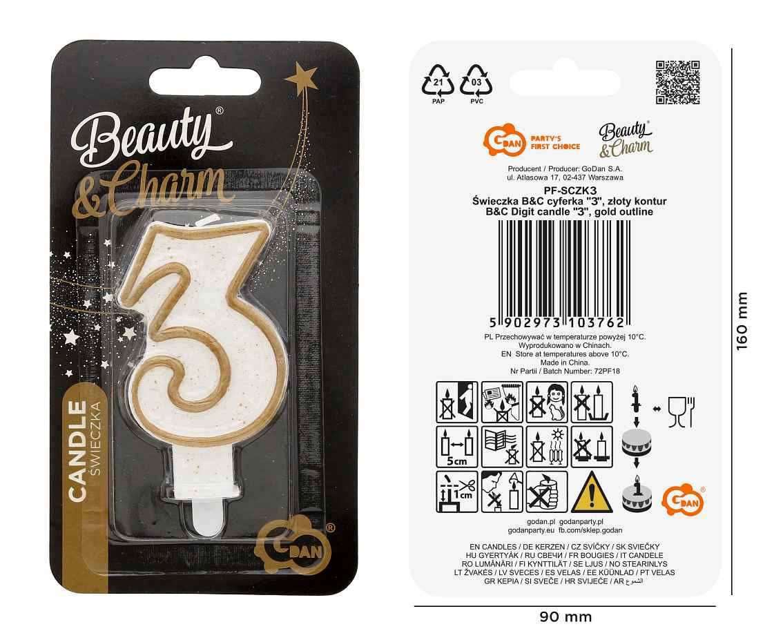 Digit candle "3", gold outline, 8 cm